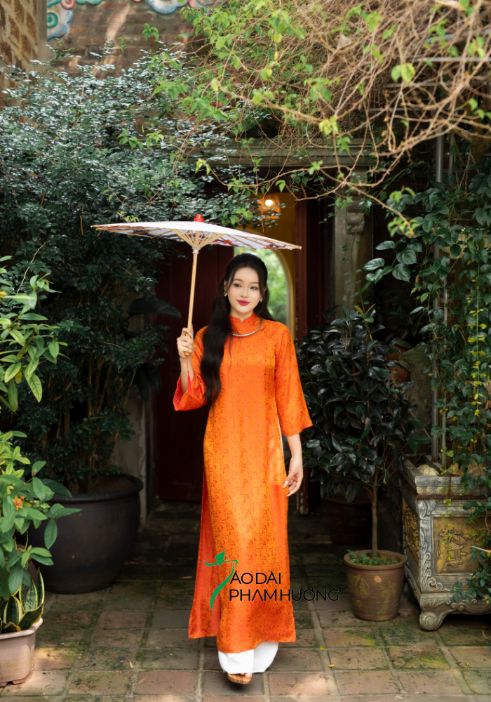  Áo dài lụa tơ tằm Phù Linh - cam 