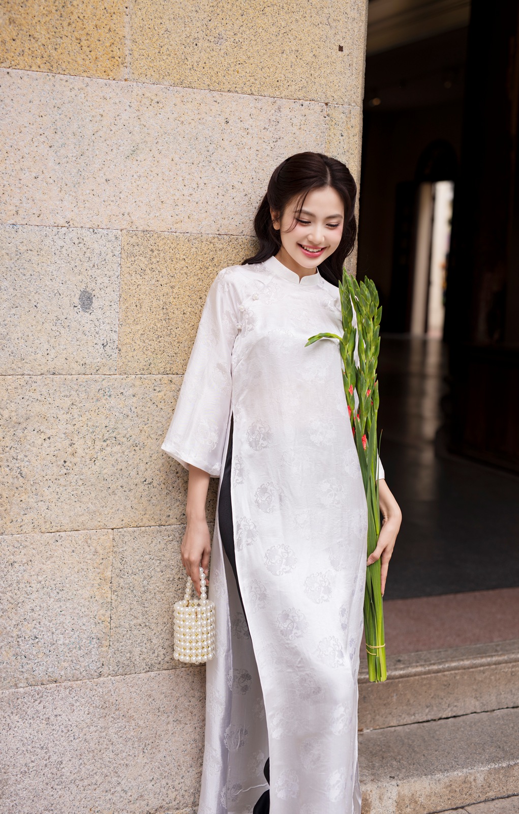  Áo dài lụa tơ tằm Phù Linh - trắng 
