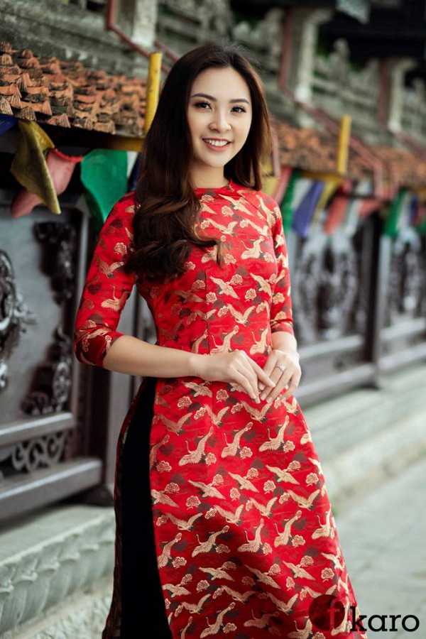  Áo dài Gấm Hạc đỏ 